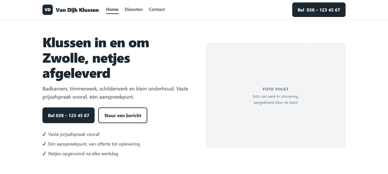 Schermafbeelding uit de demo van template Vakman: de homepage van voorbeeldklant Van Dijk Klussen